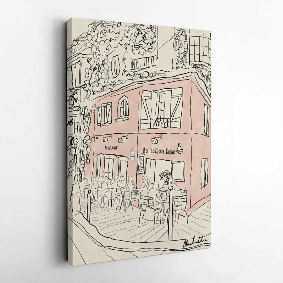 La Maison Rose Paris Canvas Print | Minimalist Montmartre Cafe Line Art | Premium Gallery Wrapped Wall Decor | French Travel Enthusiast Gift