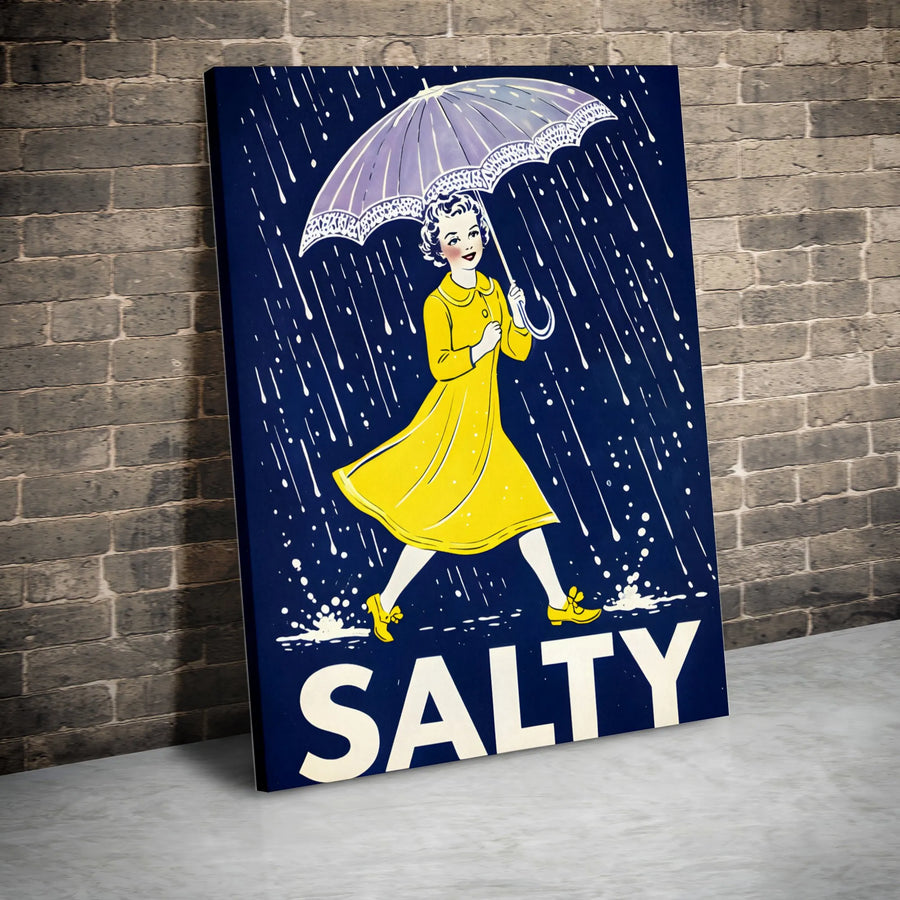 Salty Vintage Woman Rain Canvas | Retro Illustration Umbrella Wall Art | Premium 1.25-Inch Gallery Wrap | Quirky Home Office Decor Gift