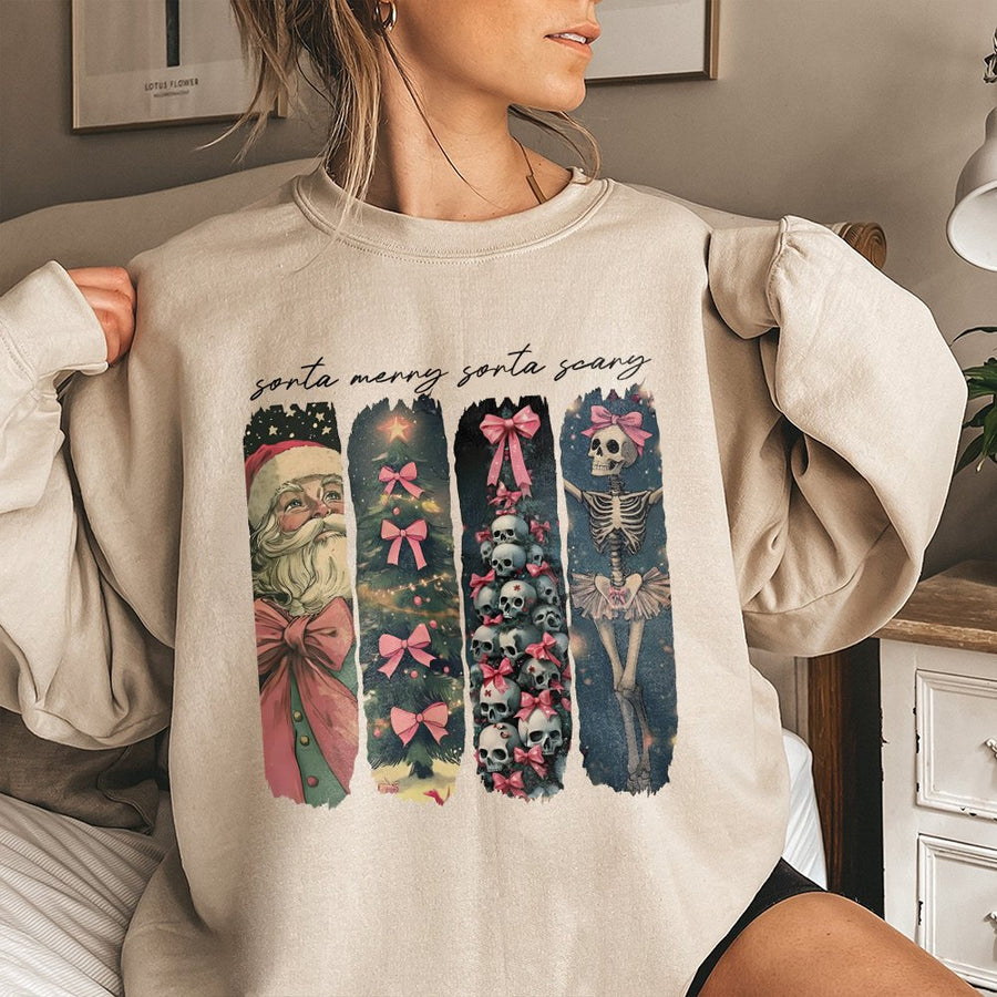 Sorta Merry Sorta Scary Christmas Sweatshirt | Spooky Skeleton Santa Aesthetic | Cotton Blend Unisex Pullover | Unique Holiday Gift For Her