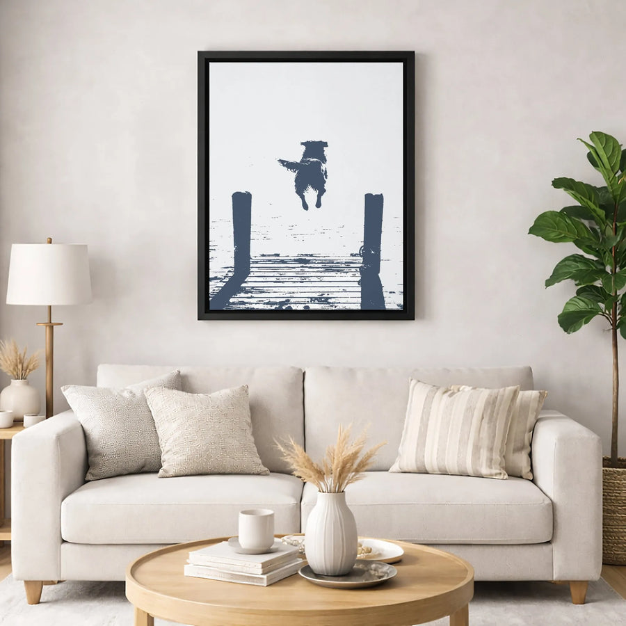 Dog Jumping Off Dock Canvas Print | Minimalist Silhouette Wall Art | 1.25" Premium Gallery Wrapped | Coastal Dog Lover Home Decor Gift