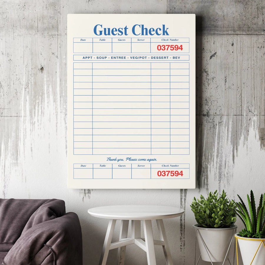Guest Check Wall Art | Vintage Diner Receipt Print | Premium 1.25" Gallery Wrapped Canvas | Retro Kitchen & Restaurant Decor