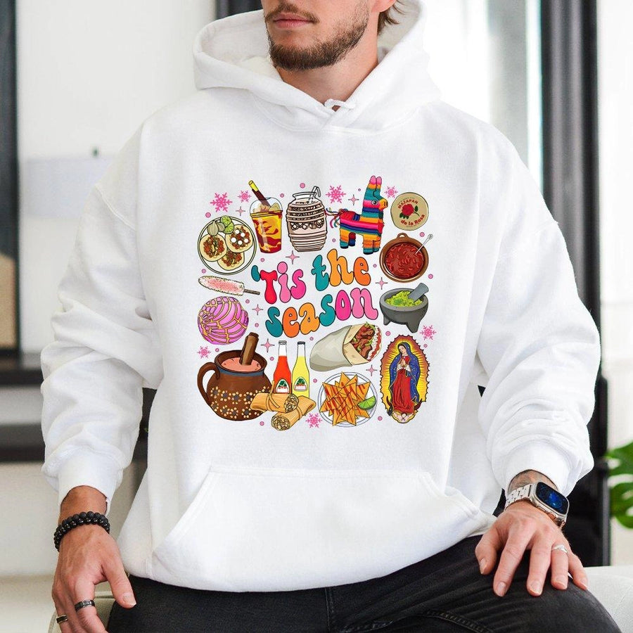 Mexican Christmas Hoodie | Tis The Season Food Graphic | Premium Cotton Blend | Gift For Hispanic Heritage Culture Lovers