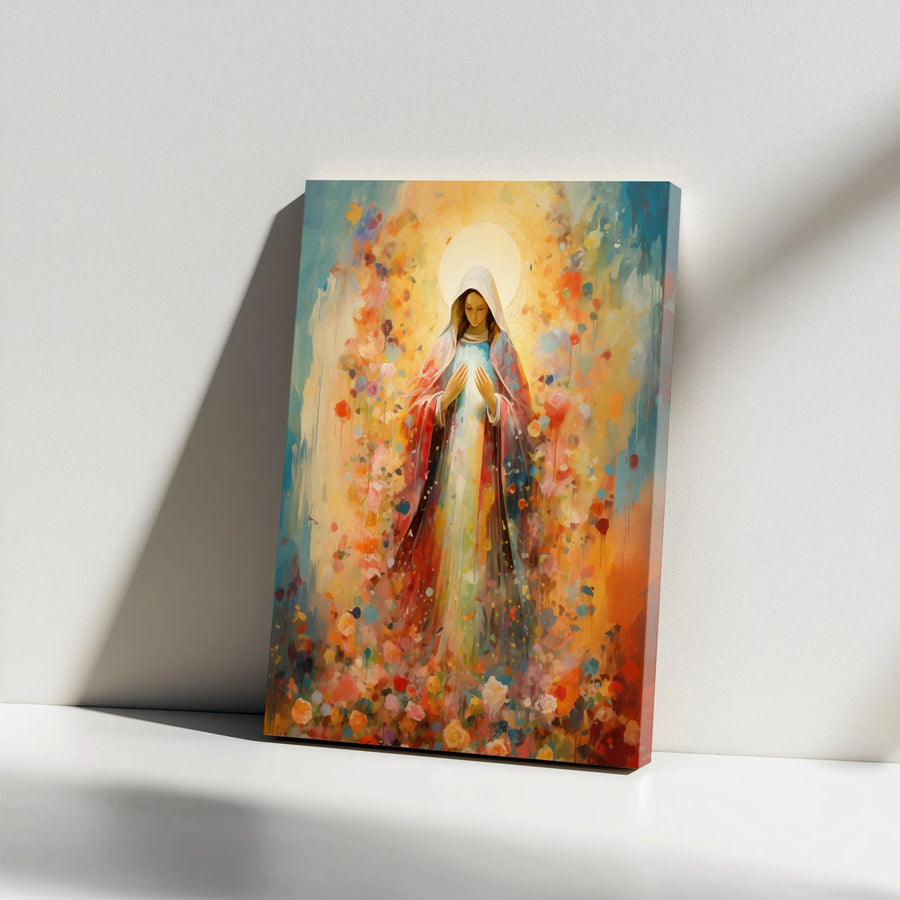 Virgin Mary Canvas Wall Art | Abstract Floral Watercolor Painting | Premium 1.25" Gallery Wrap | Modern Religious Home Decor Gift