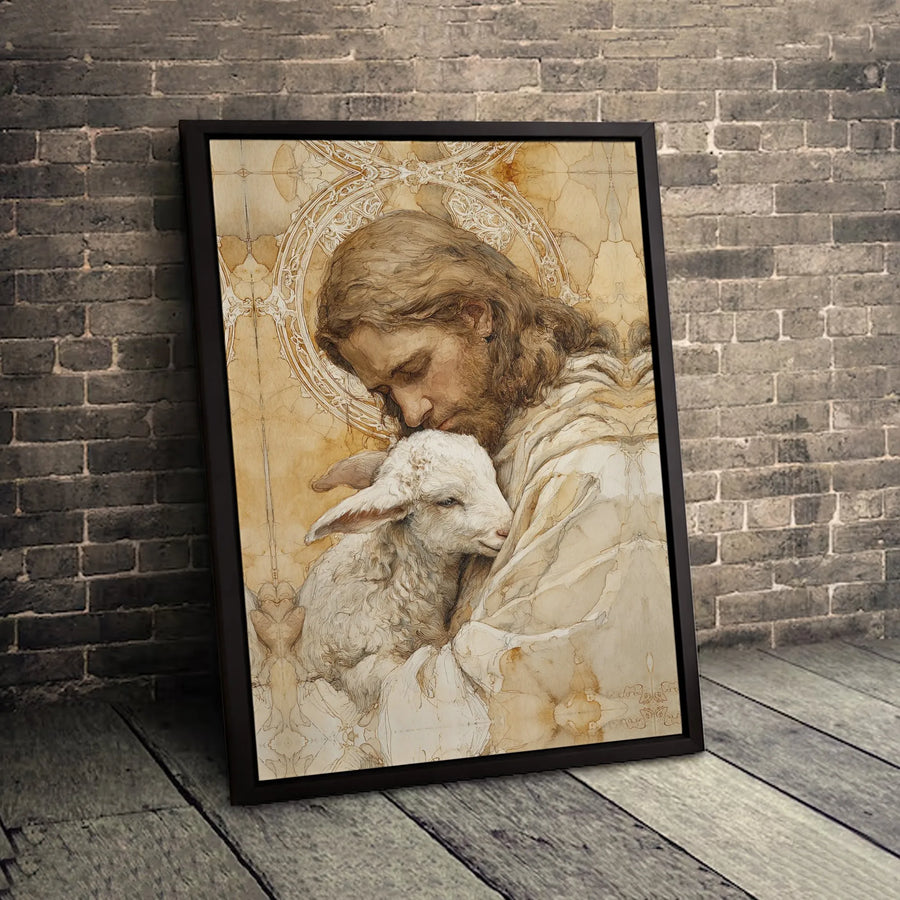 Jesus With Lamb Canvas Wall Art | Shepherd Christ Religious Painting | Premium Gallery Wrap Print | Christian Home Decor Gift
