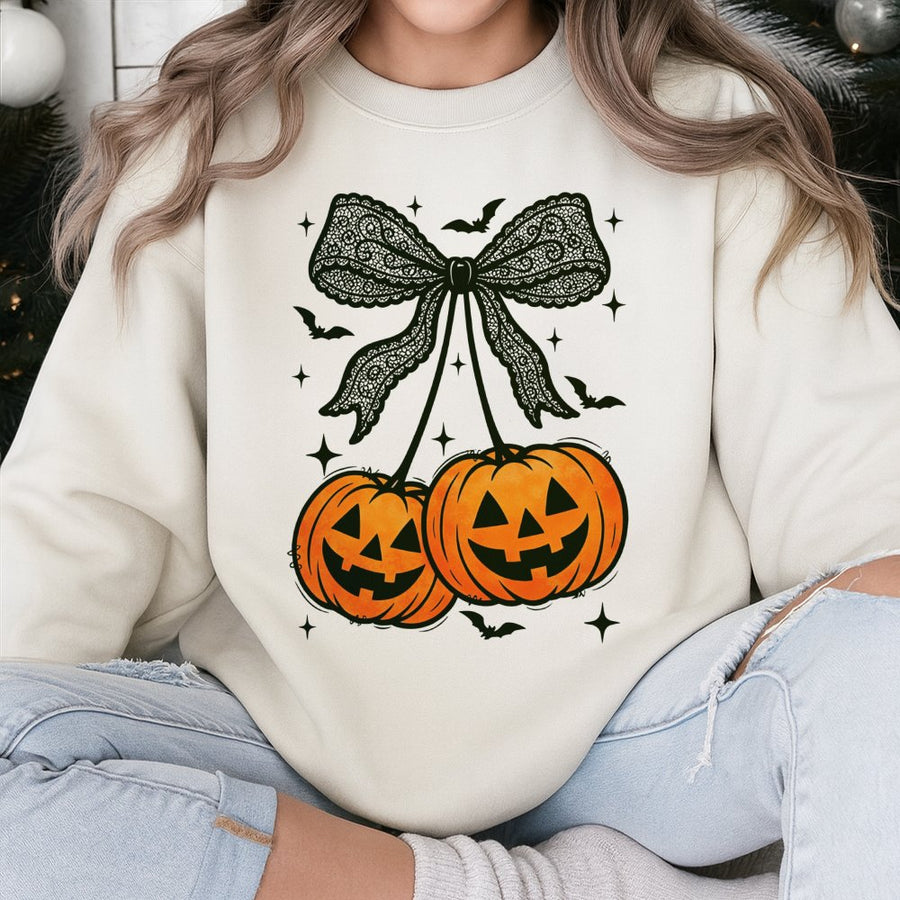 Halloween Pumpkin Cherry Bow Sweatshirt | Gothic Coquette Aesthetic Graphic | Premium Cotton Blend | Spooky Season Gift For Her