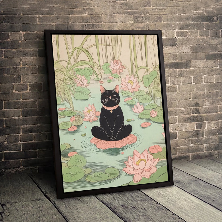 Zen Black Cat Canvas Art | Meditating Kitten on Lily Pad | Premium 1.25" Gallery Wrap | Spiritual Home Decor Gift for Cat Lovers