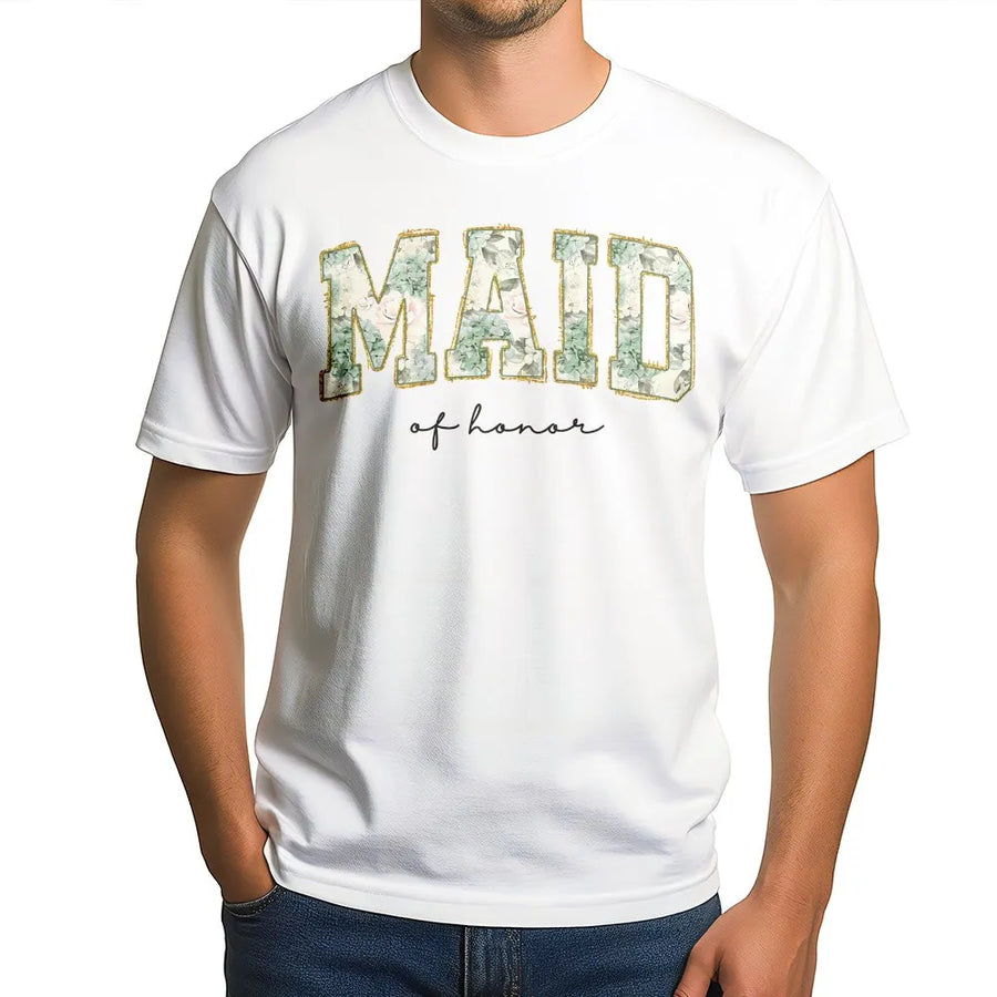 Maid Of Honor T-Shirt | Sage Green Floral Botanical Print | Premium Soft Cotton | Bridal Party Proposal Gift For Her