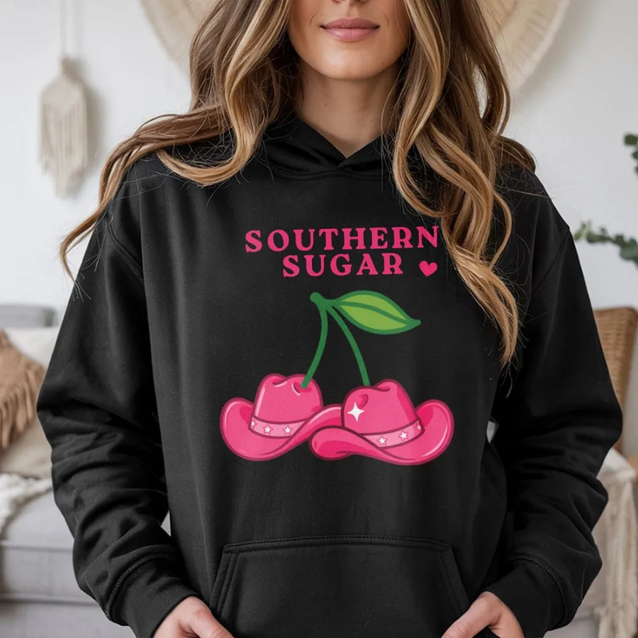 Southern Sugar Cowboy Hoodie | Pink Cherry Western Graphic | Soft Cotton-Poly Blend | Cute Country Aesthetic Gift For Her