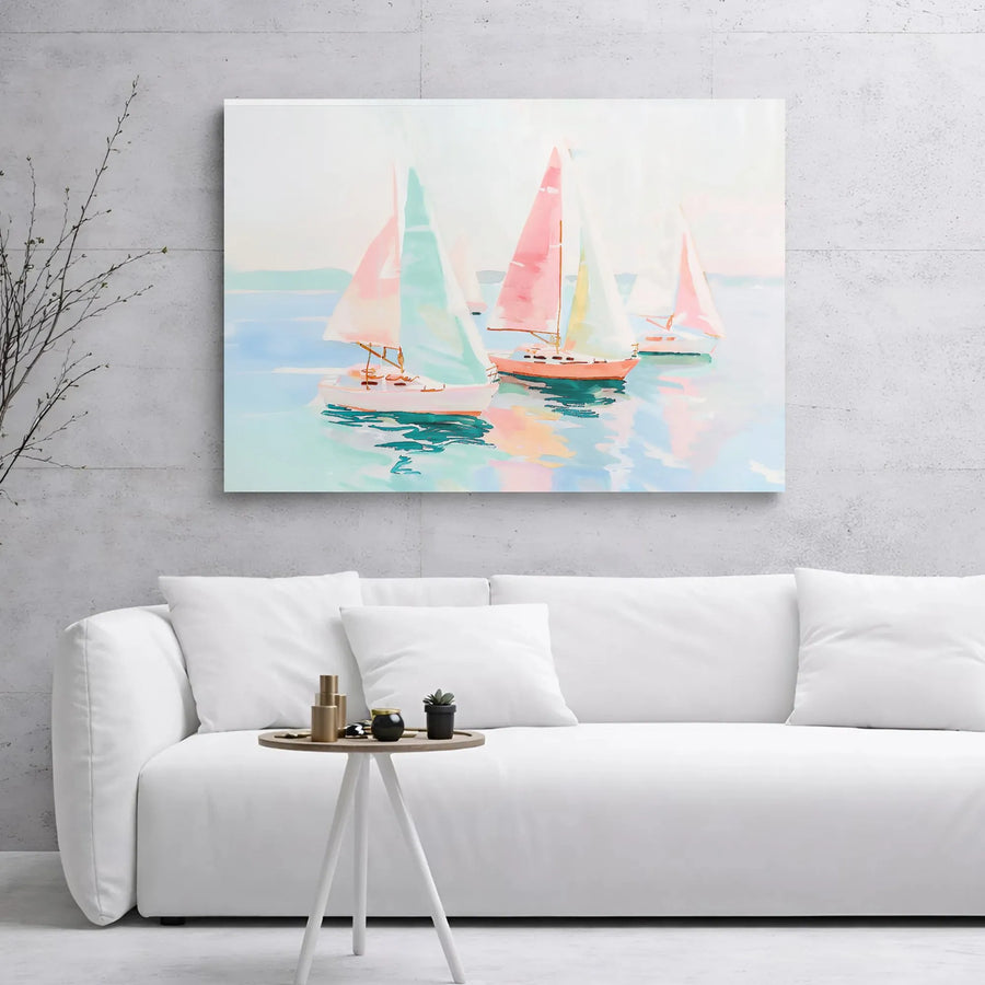 Pastel Sailboat Canvas Wall Art | Watercolor Ocean Seascape Painting | Premium Gallery Wrap Print | Coastal Home Decor For Beach House Living