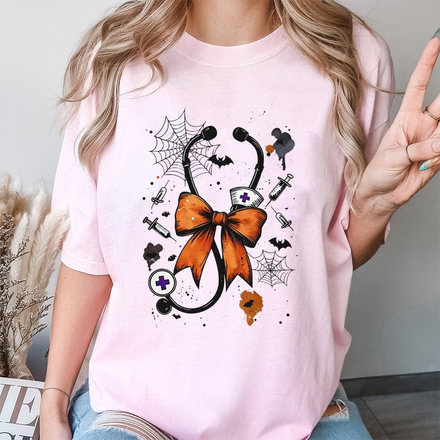 Halloween Nurse Stethoscope T-Shirt | Spooky Medical Bow Graphic | 100% Cotton Premium Tee | Cute Gift for Nurses and Nursing Students