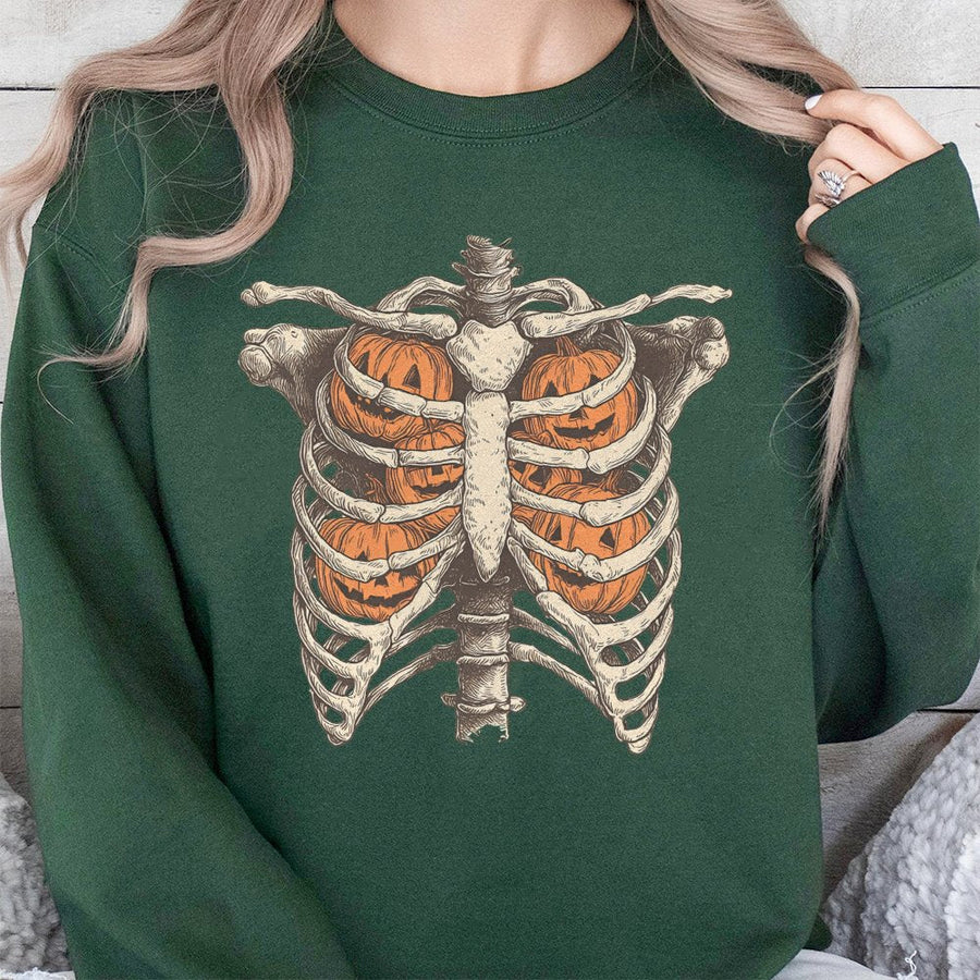 Skeleton Pumpkin Rib Cage Sweatshirt | Spooky Jack O Lantern Anatomy Graphic | Premium Soft Cotton Blend | Halloween Fall Gift For Her