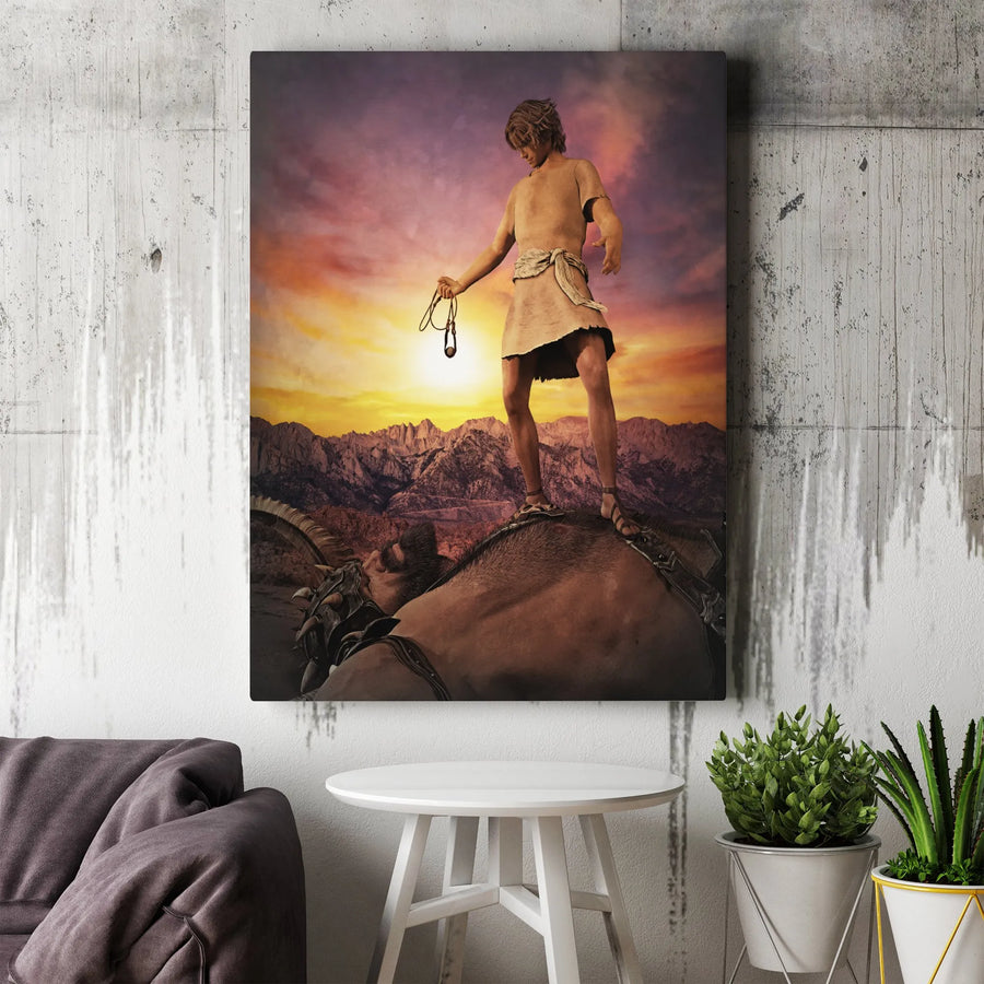 David and Goliath Canvas Print | Biblical Story Heroic Scene | 1.25 Inch Gallery Wrap | Religious Home Office Wall Art Gift