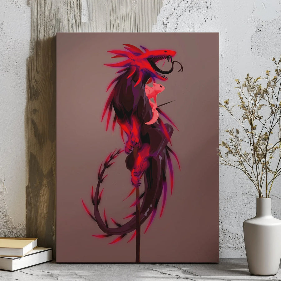 Red Dragon Rider Wall Art | Spiked Fantasy Creature Canvas Print | Gallery-Wrapped Premium Decor | Gamer Room & Bedroom Gift