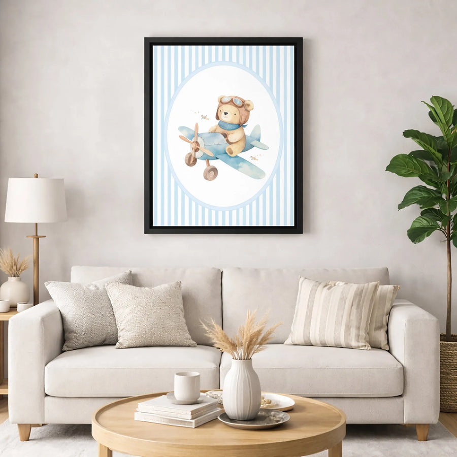 Aviator Teddy Bear Nursery Wall Art | Watercolor Baby Boy Airplane Print | Gallery Quality 1.25" Canvas | Cute Kid's Room Decor Gift