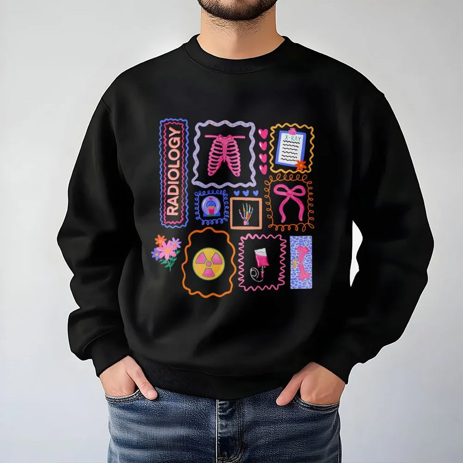 Radiology Tech Sweatshirt | Cute Medical Icons Graphic Sweatshirt | Premium Cotton Blend | Gift for Rad Tech, Xray Technician Appreciation
