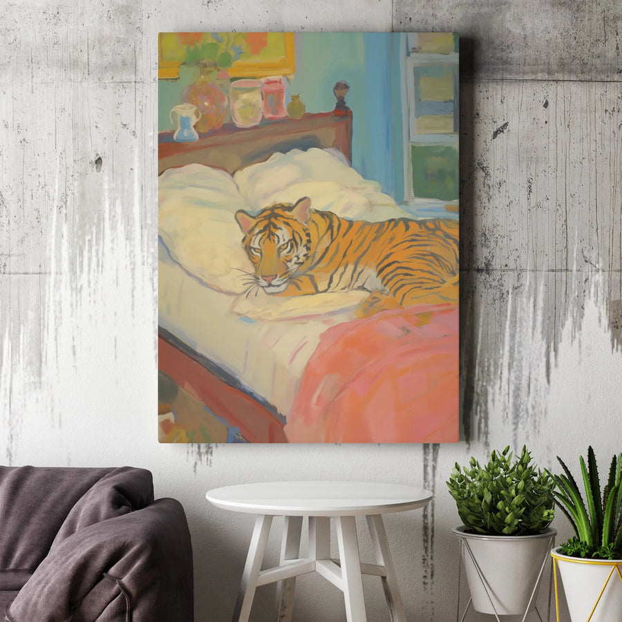 Tiger In Bed Oil Painting Wall Art | Whimsical Animal Portrait Canvas | Premium Gallery-Wrapped Print | Unique Home Decor Gift For Art Lovers