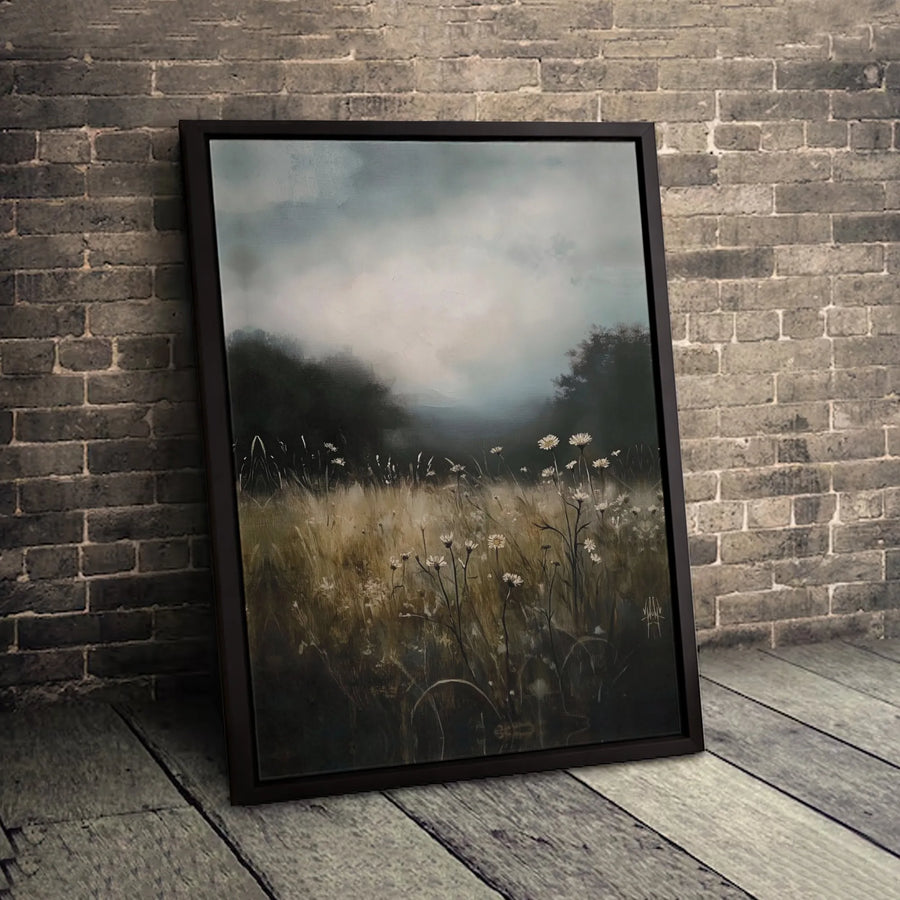 Misty Wildflower Field Canvas Art | Moody Landscape Nature Print | Premium Fade-Resistant Gallery Wrap | Modern Farmhouse Home Decor