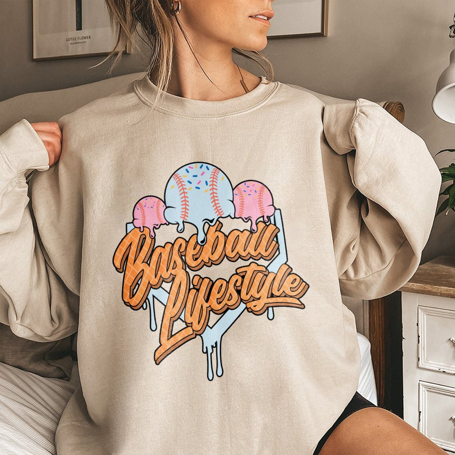 Baseball Lifestyle Ice Cream Sweatshirt | Retro Sports Graphic Pullover | Premium Cotton Blend | Gift for Baseball Mom and Player
