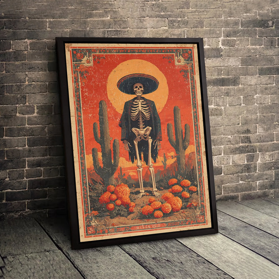 Dia De Los Muertos Skeleton Canvas Print | Vintage Mexican Calavera Wall Art | Gallery-Quality 1.25-inch Profile | Unique Home Decor Gift