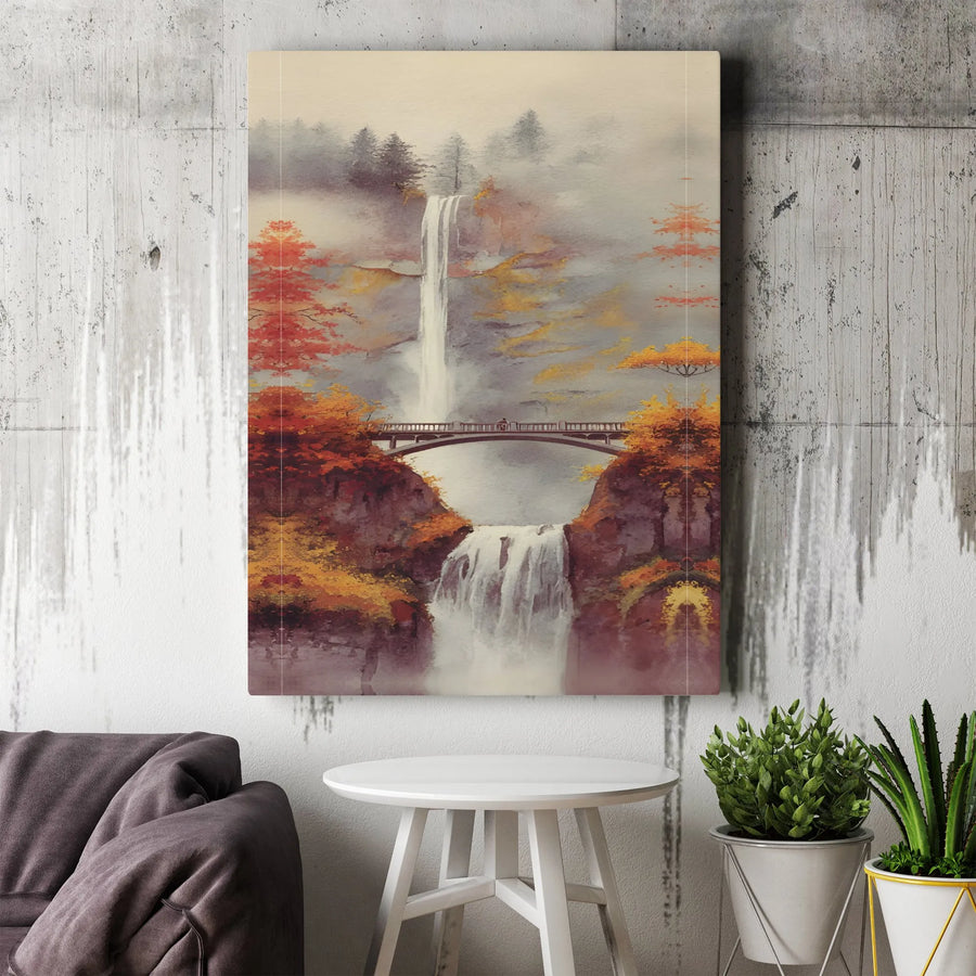 Watercolor Waterfall Canvas Wall Art | Autumn Forest Bridge Landscape | Premium Gallery-Wrapped Print | Nature Home Decor Gift