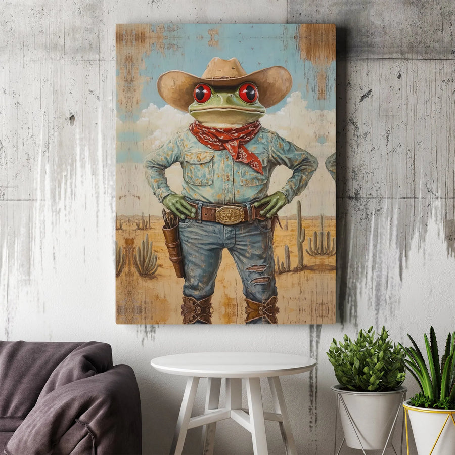 Western Cowboy Frog Canvas Print | Desert Outlaw Anthropomorphic Animal Art | Premium Gallery Wrap Decor | Quirky Wall Art Gift for Men