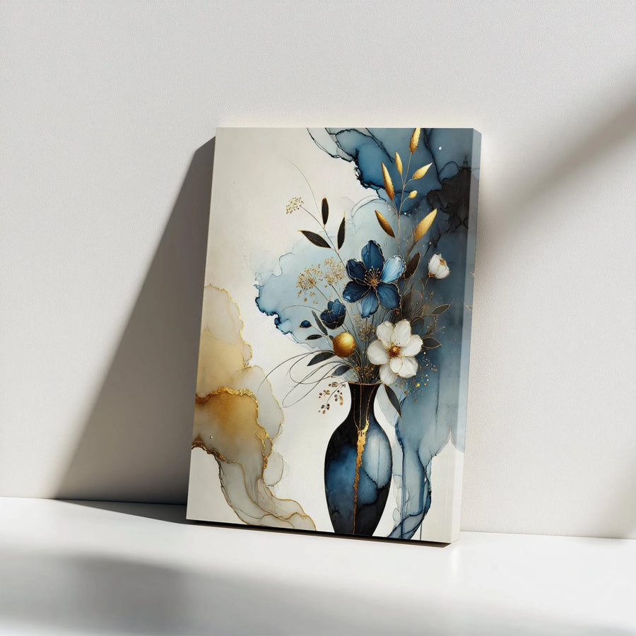 Abstract Blue and Gold Floral Canvas Wall Art | Luxury Watercolor Flower Vase Print | 1.25 Inch Gallery Wrap | Modern Home Decor for Living Room