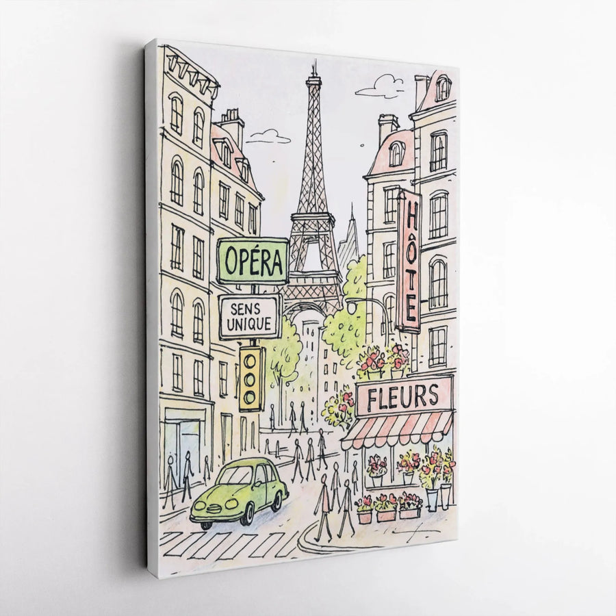 Paris Eiffel Tower Canvas Print | Whimsical Street Scene Watercolor Sketch | Premium Gallery-Wrapped Artwork | Romantic Travel Wall Decor Gift