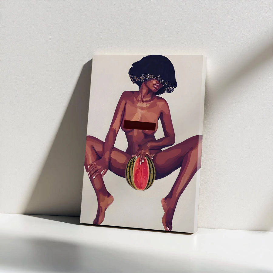 Afrocentric Black Woman Art Vertical Canvas | Modern Sensual Feminine Portrait with Watermelon | Premium 1.25" Gallery Wrap | Bold Bedroom Wall Decor