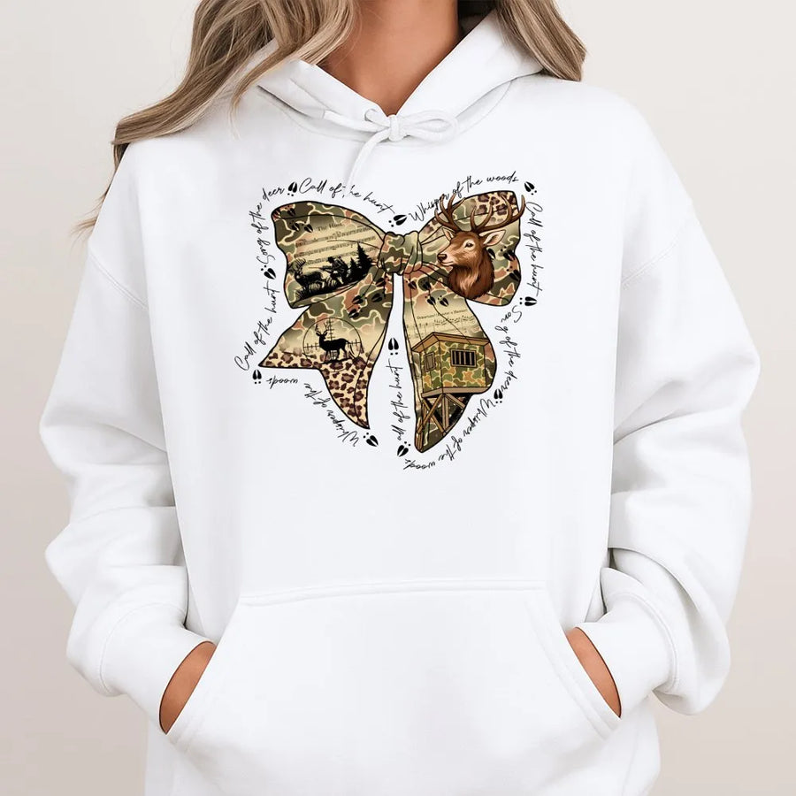 Hunting Bow Hoodie | Camo Deer Antler Coquette Aesthetic | Premium Cotton Blend Pullover | Gift for Hunters and Outdoorswomen