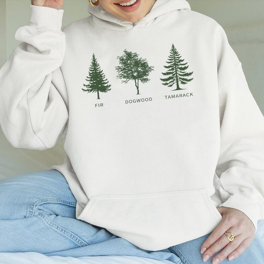 Tree Hoodie Nature Lover | Minimalist Botanical Fir Dogwood Tamarack Print | Premium Cotton Blend Sweatshirt | Gift for Outdoorsman and Hiker