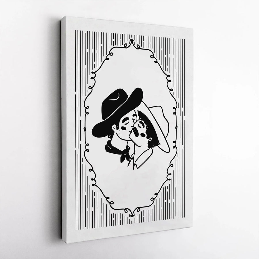 Kissing Cowboy Wall Art | Minimalist Western Romance Illustration | Premium Gallery Wrapped Canvas | Gift for Couples & Ranch Decor Lovers