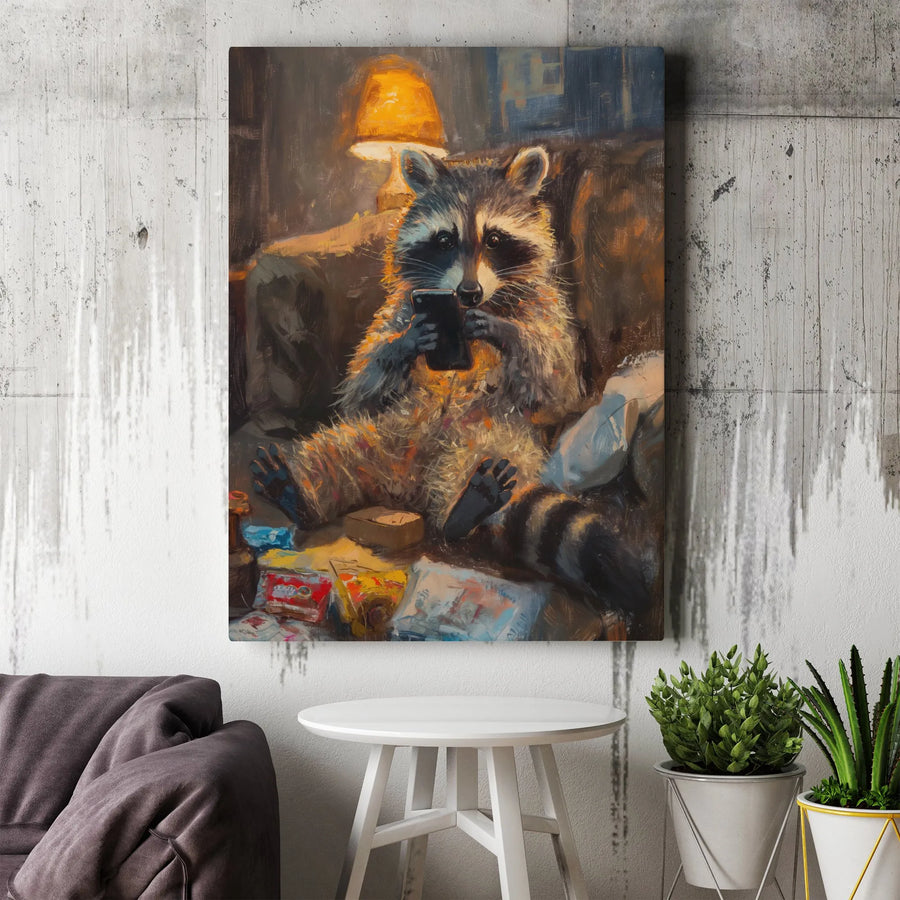Funny Raccoon Canvas Print | Humorous Trash Panda Scrolling on Phone | Premium Gallery Wrapped Canvas | Collector's Gift for Meme Lover