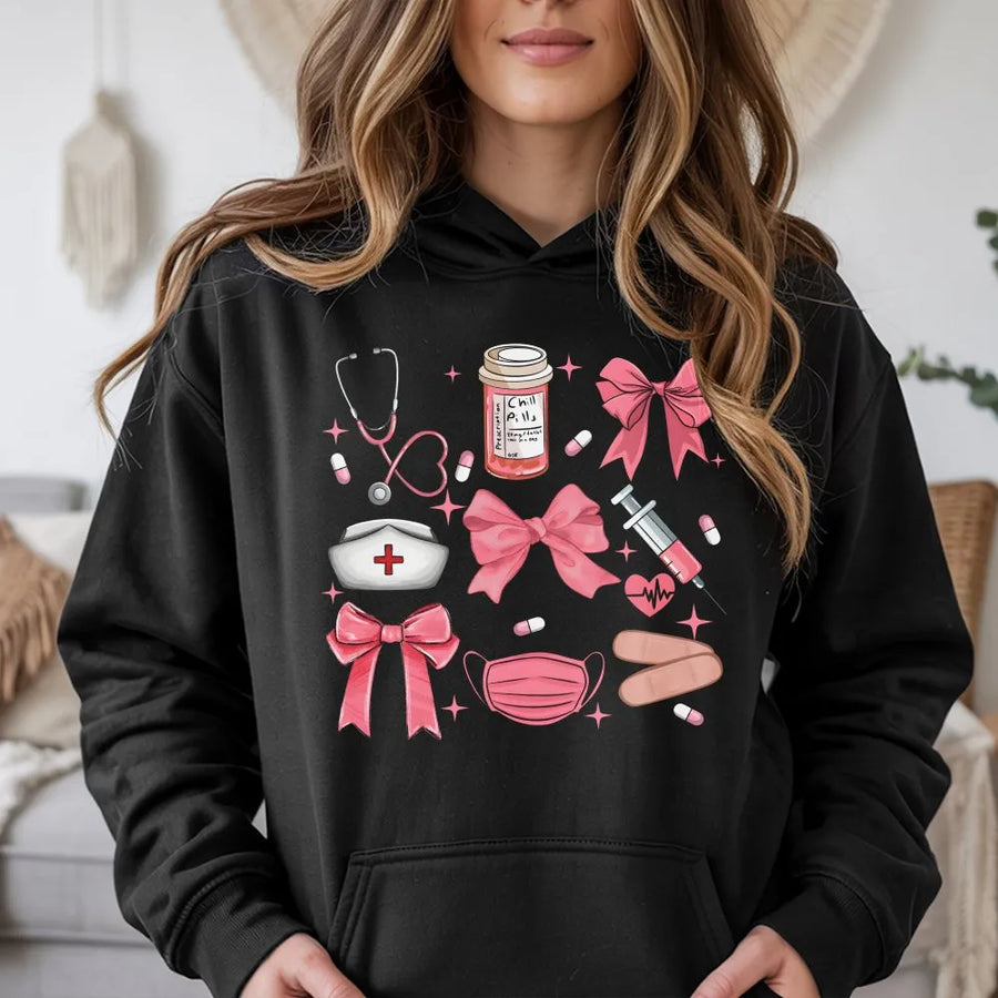 Coquette Nurse Hoodie | Aesthetic Pink Bow Stethoscope Design | Soft Cotton Blend | Nursing School Graduation Gift for Her