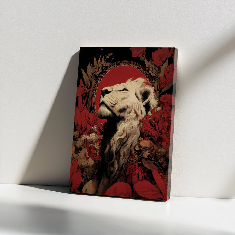 Majestic Lion Canvas Print | Regal Lion with Red Floral Design | Thick Gallery Wrap Canvas | Premium Living Room Decor Gift