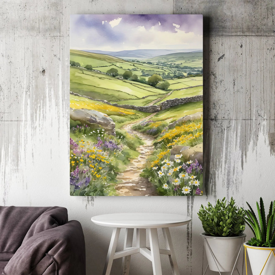 English Countryside Canvas Wall Art | Watercolor Wildflower Landscape | Premium Gallery Wrap Print | Cottagecore Home Decor Gift