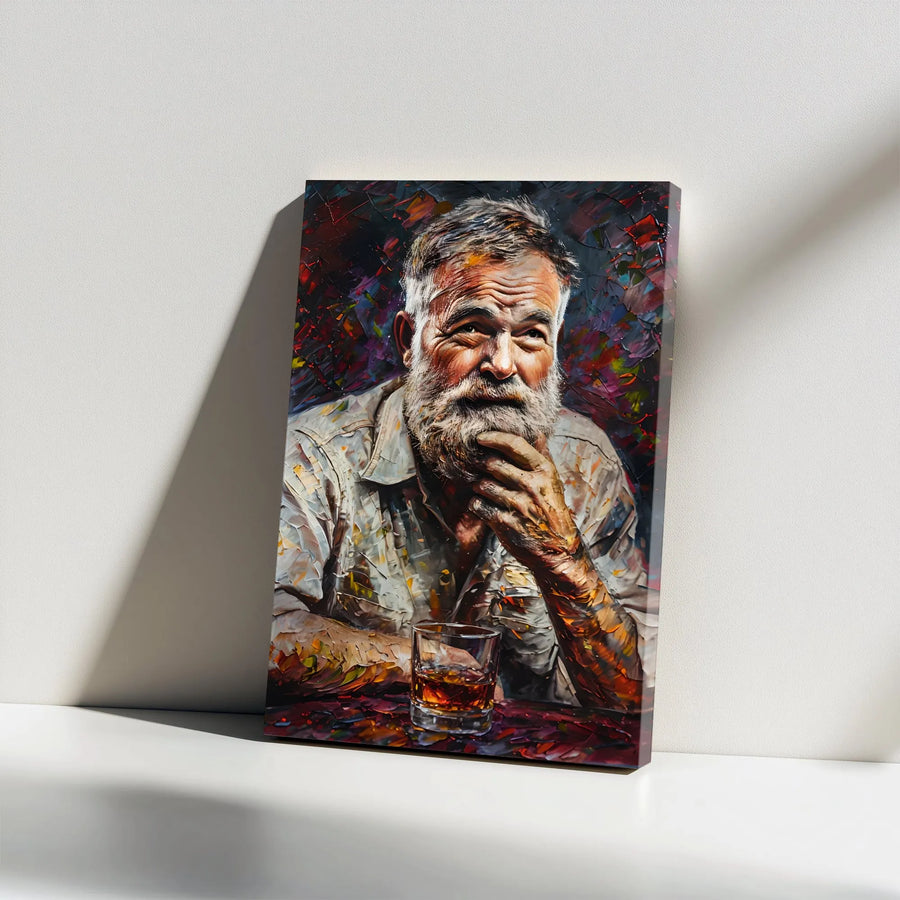 Old Man With Whiskey Canvas Wall Art | Impasto Oil Painting Style | Premium Gallery Wrap Print | Man Cave Decor Gift For Him