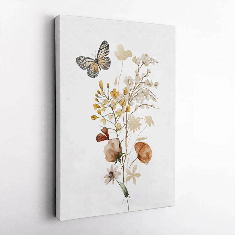 Watercolor Butterfly Wildflower Canvas | Neutral Botanical Floral Wall Art | Premium 1.25-inch Gallery Wrap | Modern Farmhouse Living Room Decor