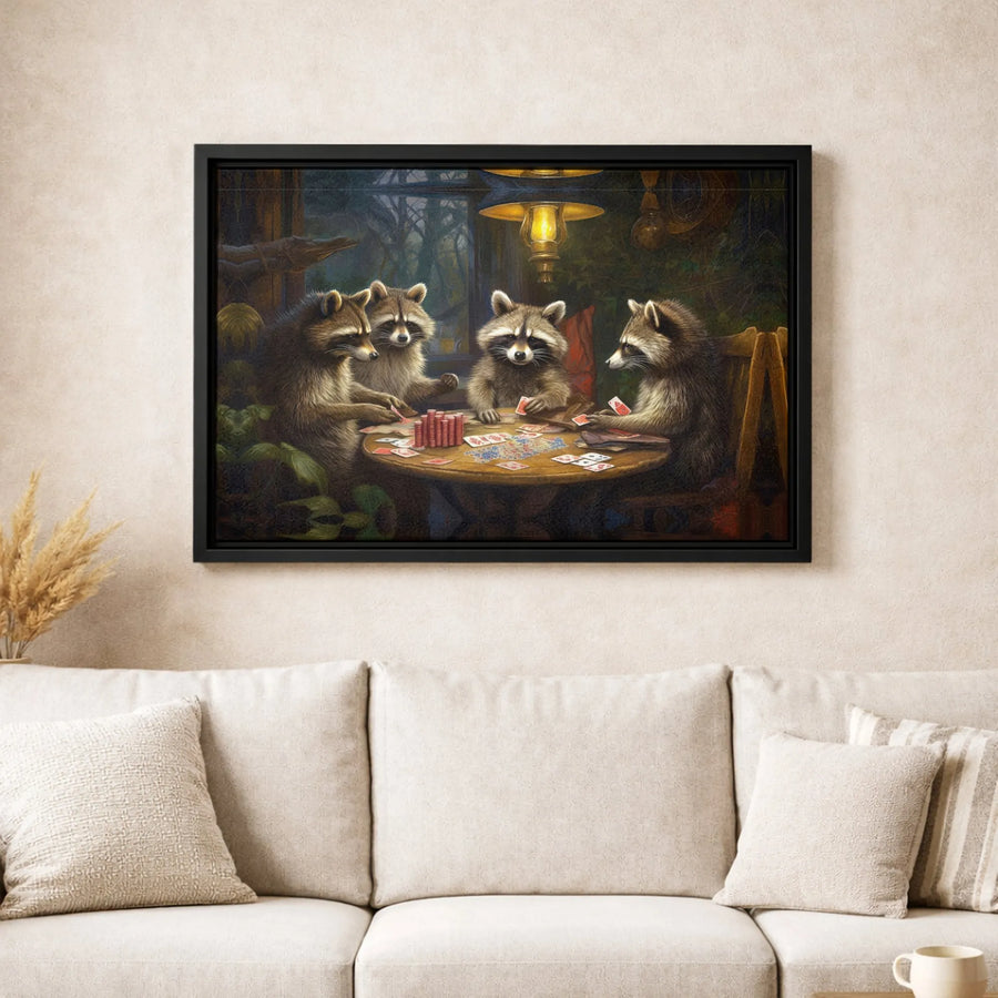 Raccoon Poker Canvas Print | Funny Wildlife Gambling Wall Art | Gallery Quality 1.25 Inch Wrap | Unique Home Decor Gift for Card Players