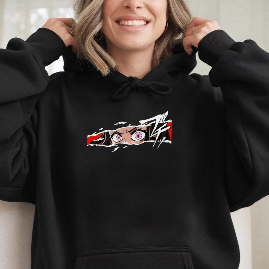 Anime Eye Hoodie | Pink Eyes Peeking Through Torn Graphic | Cotton-Blend Premium Pullover | Gift for Anime Fans & Otaku Lovers