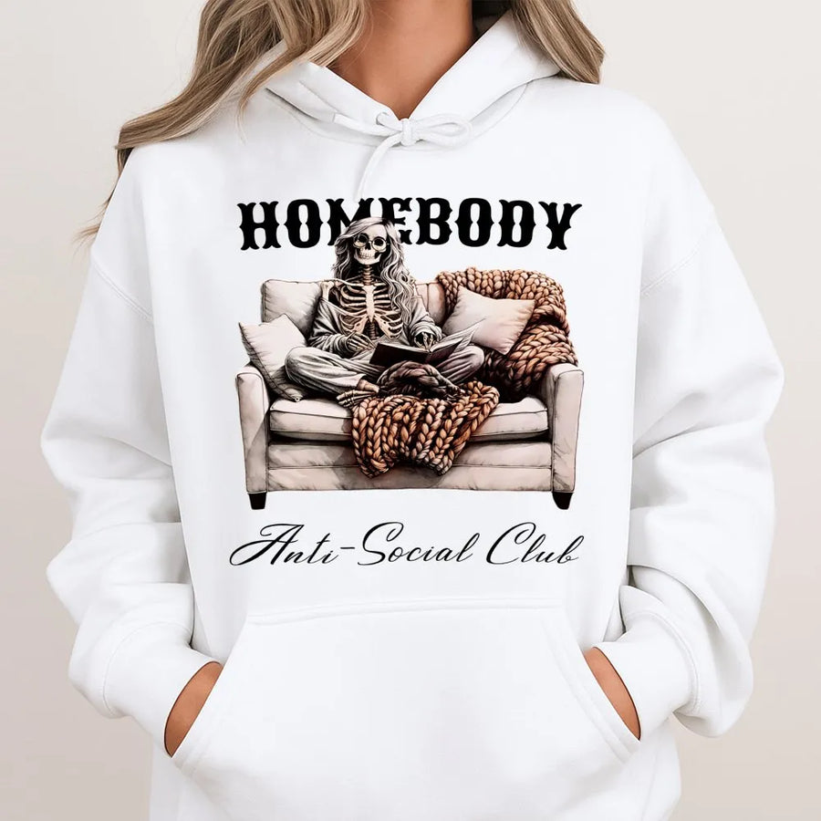 Homebody Skeleton Hoodie | Cozy Introvert Couch Graphic | Premium Cotton Blend Unisex Sweatshirt | Spooky Season Gift for Book Lovers