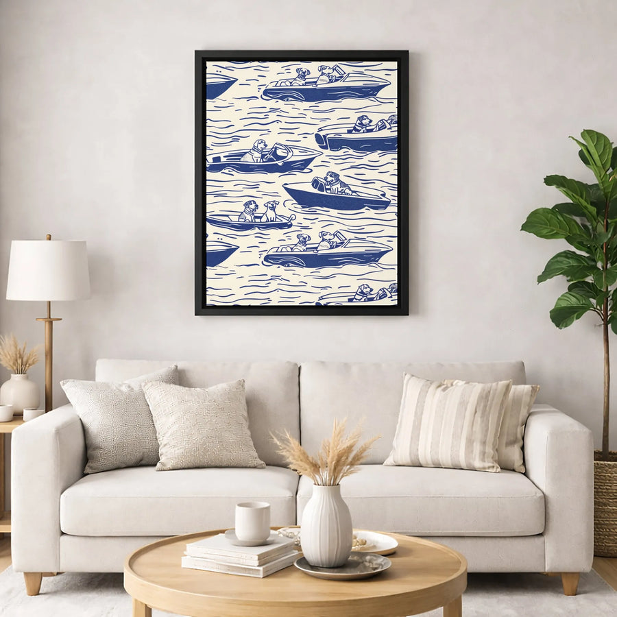 Dogs Driving Boats Canvas Art | Nautical Blue & Cream Pattern | Premium 1.25-Inch Gallery Wrap | Whimsical Coastal Home Decor Gift