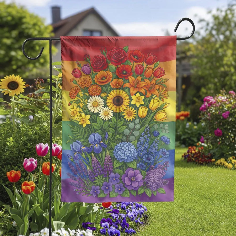 Rainbow Floral Pride Garden Flag | Double Sided LGBTQ+ Flowers Yard Decor | Premium Weather-Resistant Polyester Banner | Vibrant Outdoor Summer House Warm Gift