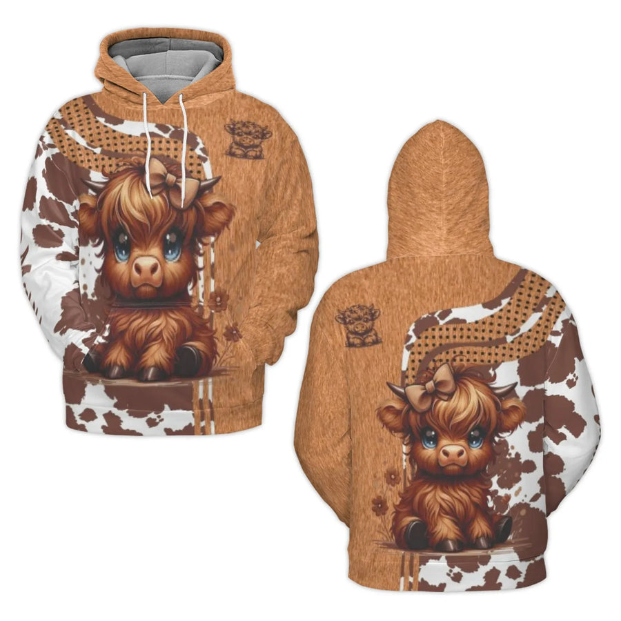 Cute Highland Cow Hoodie | Baby Cow Bow Design Print | Premium Brushed Fleece Unisex Pullover | Farmhouse Style Gift for Animal Lovers