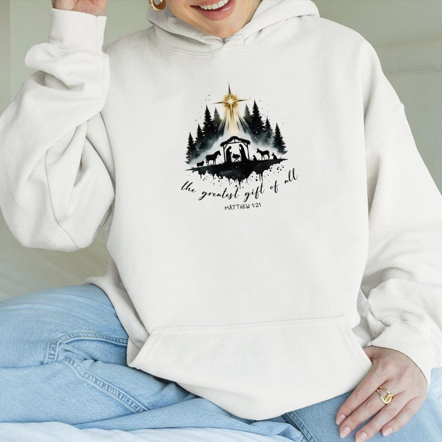 Nativity Scene Hoodie | The Greatest Gift Of All Matthew 1:21 | Premium Cotton Blend | Religious Christian Christmas Gift For Him Her