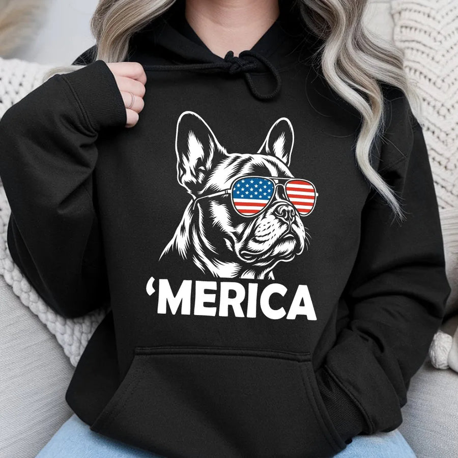 Merica French Bulldog Hoodie | Patriotic Dog with USA Flag Sunglasses | Premium Cotton Graphic Tee | Funny 4th of July Gift for Dog Lovers