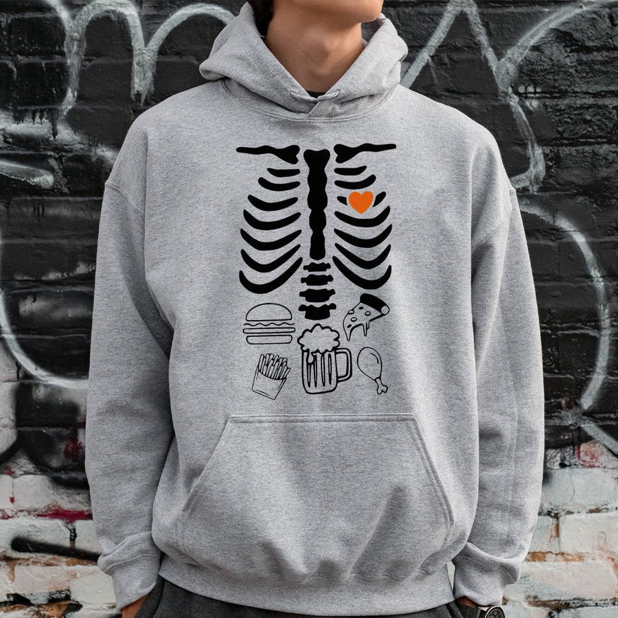 Skeleton Foodie Hoodie | Funny X-Ray Burger Pizza Design | Premium Cotton Blend | Halloween Pregnancy Announcement Gift for New Dad