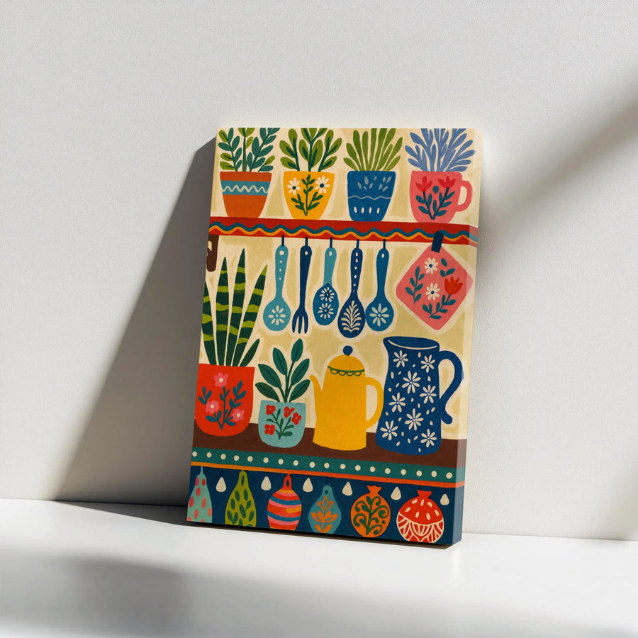 Folk Art Kitchen Canvas Print | Colorful Botanical Decor | Premium 1.25 Inch Gallery Wrap | Charming Housewarming Gift For Plant Lovers