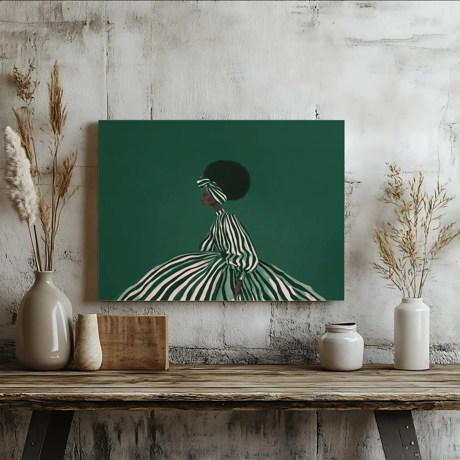 Black Woman Canvas Wall Art | Modern Afro Portrait in Striped Gown | Premium Gallery Wrap | Afrocentric Living Room Decor Gift