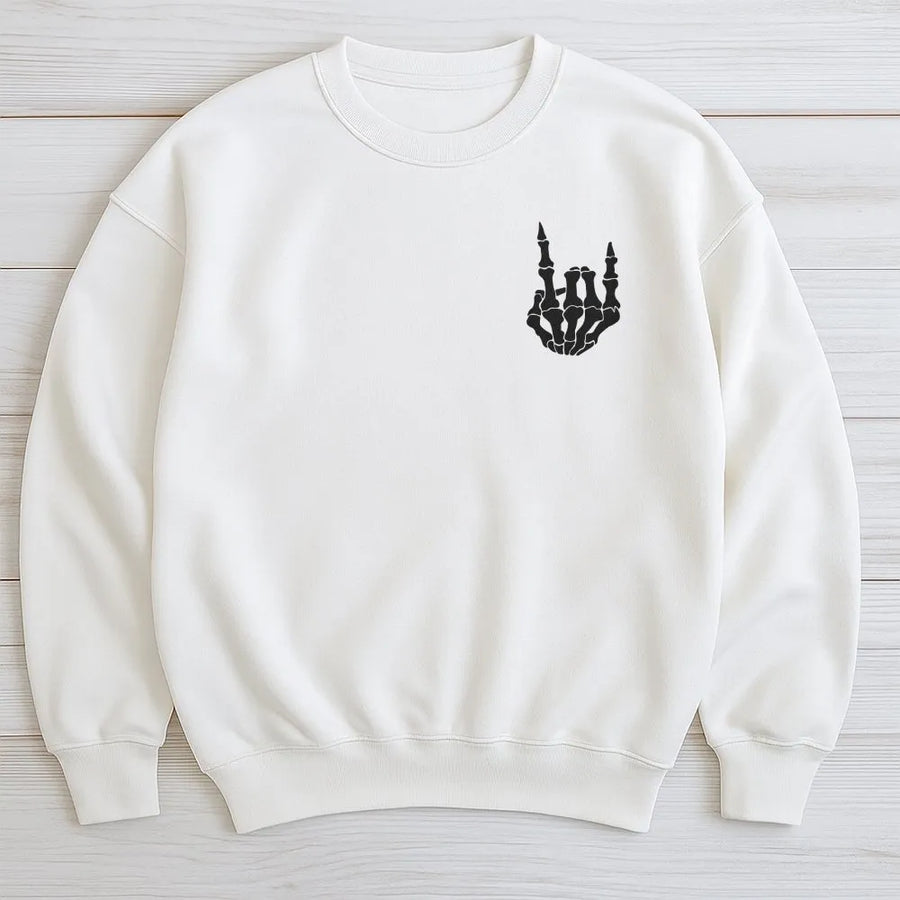 Rock On Skeleton Hand Sweatshirt | Minimalist Rock and Roll Hand Sign | Premium Graphic Crewneck | Gift for Heavy Metal Music Lover