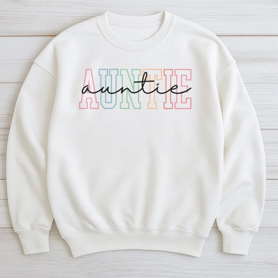 Retro Auntie Sweatshirt | Colorful Pastel Crewneck Pullover | Premium Unisex Fit | Gift for New Aunt to Be, Pregnancy Reveal Idea